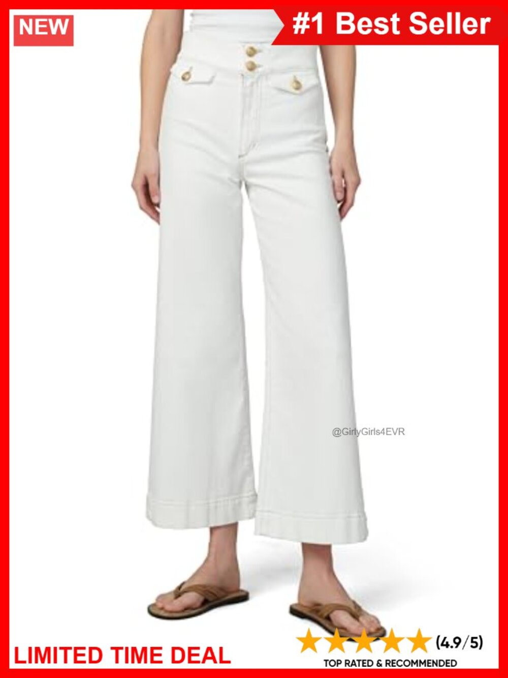 High Rise Wide Leg Ankle Jeans Tailored Fit Stretch Denim Two-Button Waistband